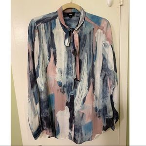 Blue and Pink watercolor blouse with pussybow